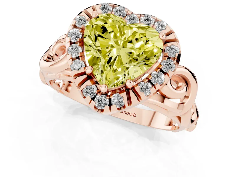 Fancy Yellow Heart Cut Diamond Halo Ring Set in Rose gold with Scrollwork Band and Prong Setting