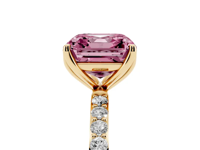 Asscher Cut Pave Solitaire Engagement Ring Setting for a Fancy Pink Lab-Grown Diamond | Slim Band | Yellow Gold