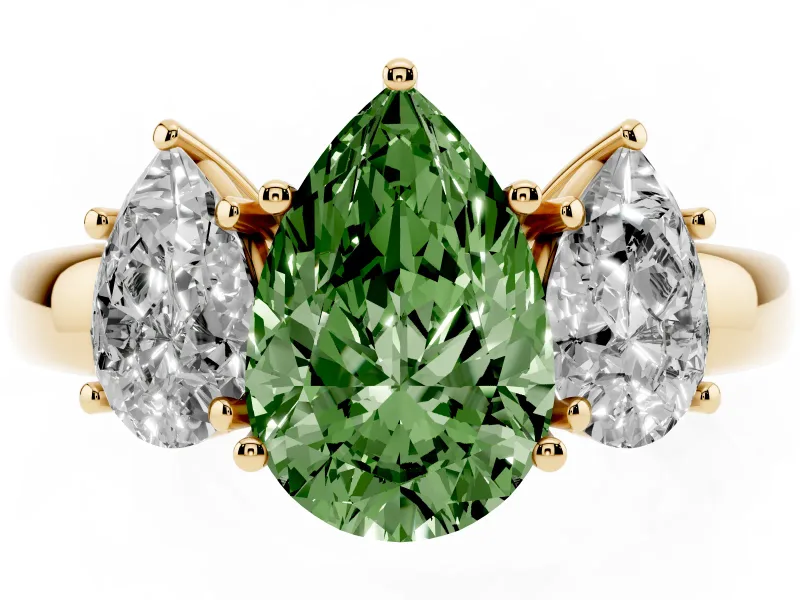 Pear-Shaped Three Stone Engagement Ring Setting for a Fancy Green Lab-Grown Diamond | Matching Side Stones | Yellow Gold