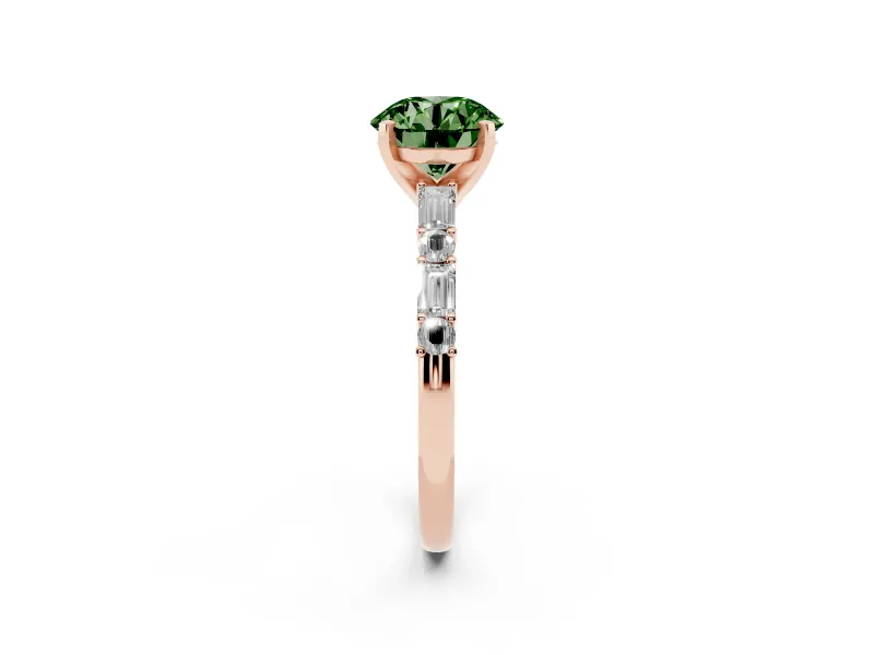 Round Baguette Side Stone Engagement Ring Setting for a Fancy Green Lab-Grown Diamond | Rose Gold