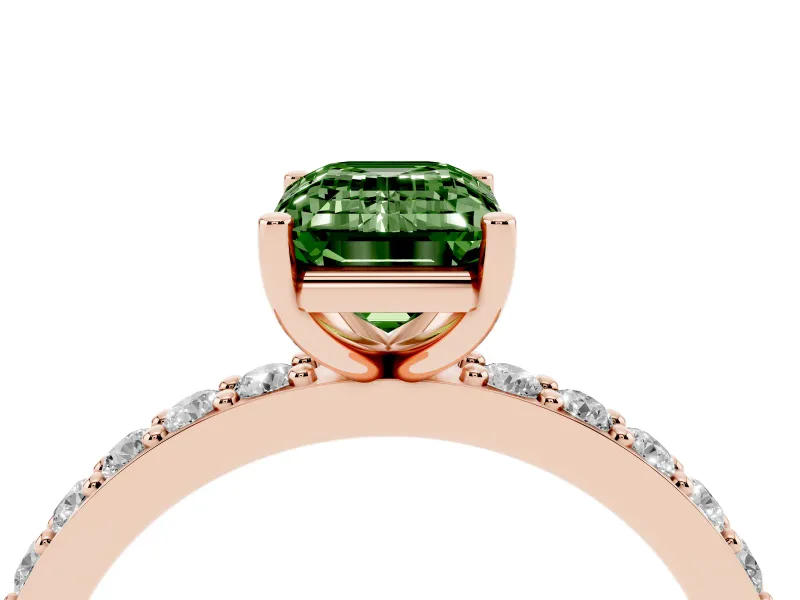 Fancy Green Emerald Cut Diamond Solitaire Set in Rose gold with Round Pavé Band and Prong Setting