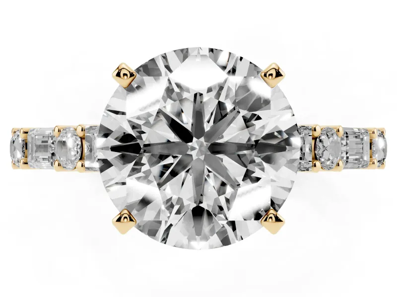 Round Cut Diamond Solitaire Set in Yellow gold with Side Baguettes and Channel Set Band
