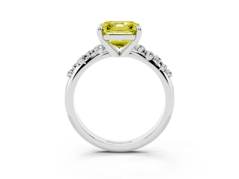 Fancy Yellow Asscher Cut Diamond Solitaire Vine Band Ring Set in White gold with Round Accents and Prong Setting