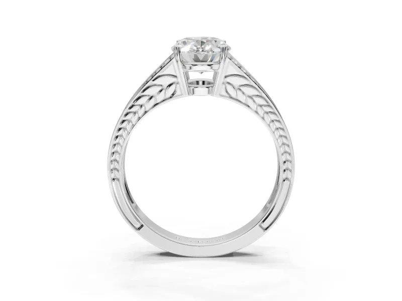 Oval Split Shank Pavé Engagement Ring Setting | Engraved Leaf Sides | White Gold