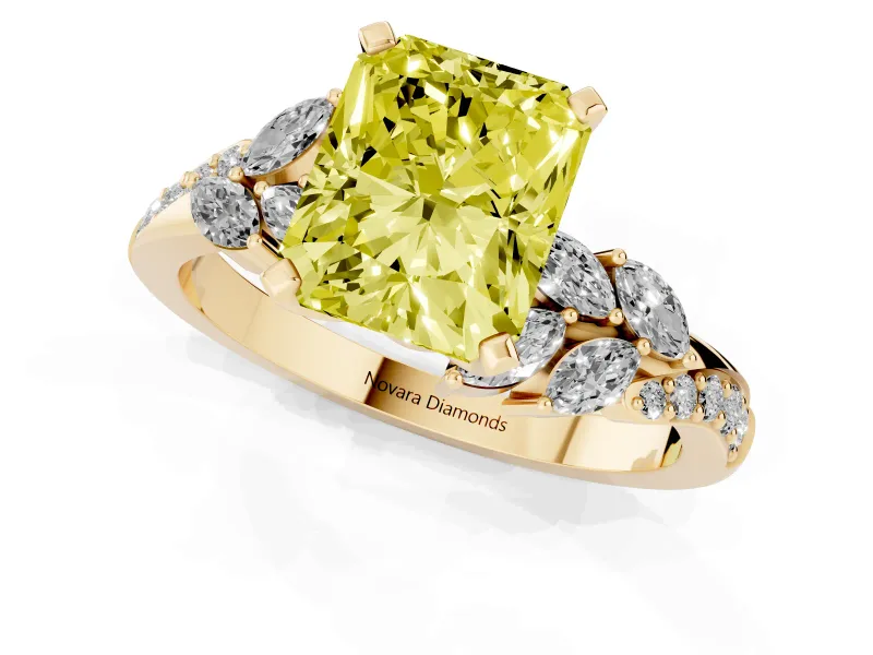 Radiant Cut Floral Engagement Ring Setting for a Fancy Yellow Lab-Grown Diamond | Marquise Side Stones | Yellow Gold