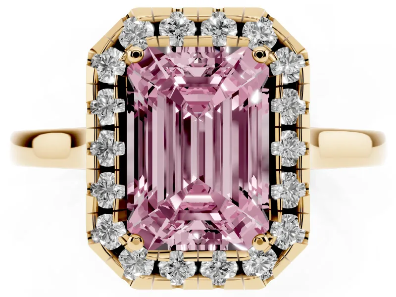 Fancy Pink Emerald Cut Halo Round Diamond Solitaire Ring Set in Yellow gold with Pavé Band and Prong Setting