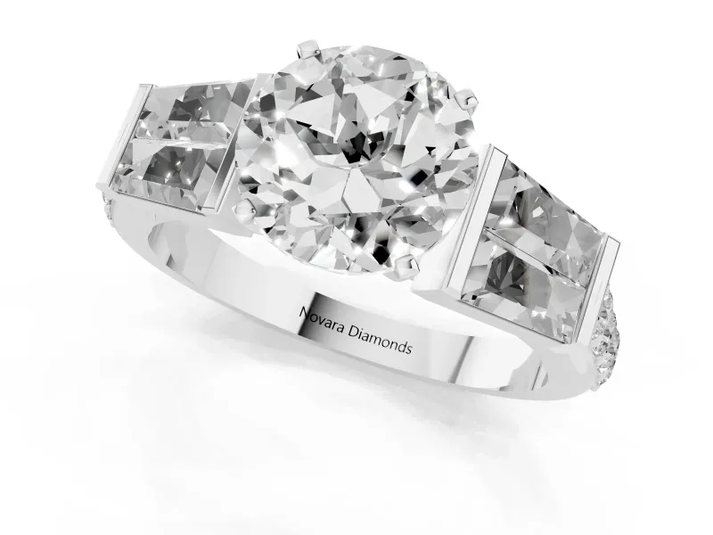 Round Cut Diamond Engagement Ring Set in White gold with Baguette Side Stones and Channel Set Band