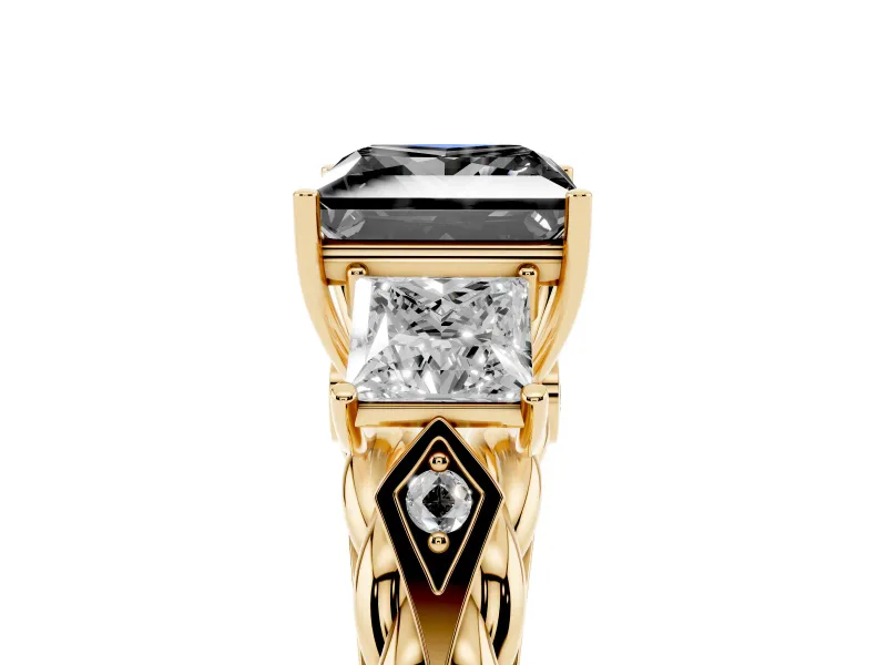 Princess Cut Three Stone Engagement Ring Setting for a Black Center | Braided Band | Yellow Gold