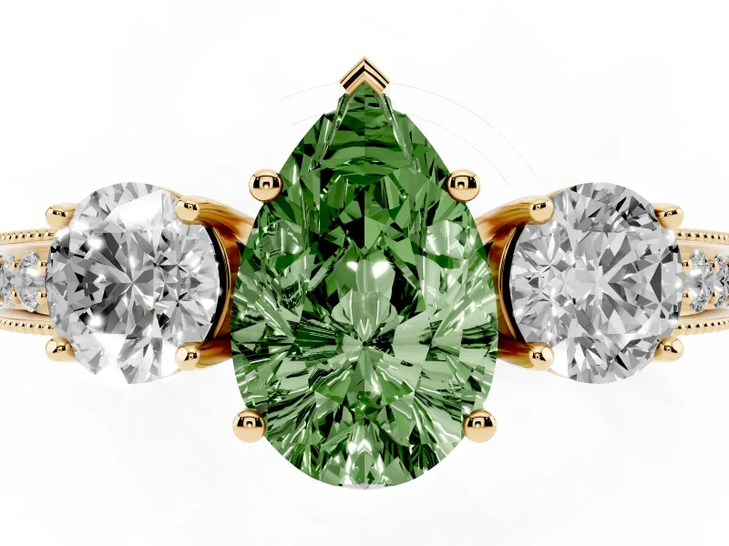 Pear-Shaped Three Stone Engagement Ring Setting for a Fancy Green Lab-Grown Diamond | Graduated Pave Band | Yellow Gold