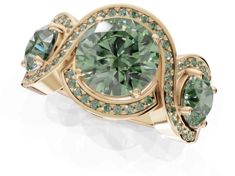 Round Three Stone Halo Engagement Ring Setting for a Fancy Green Lab-Grown Diamond | Pavé Wave Band | Yellow Gold
