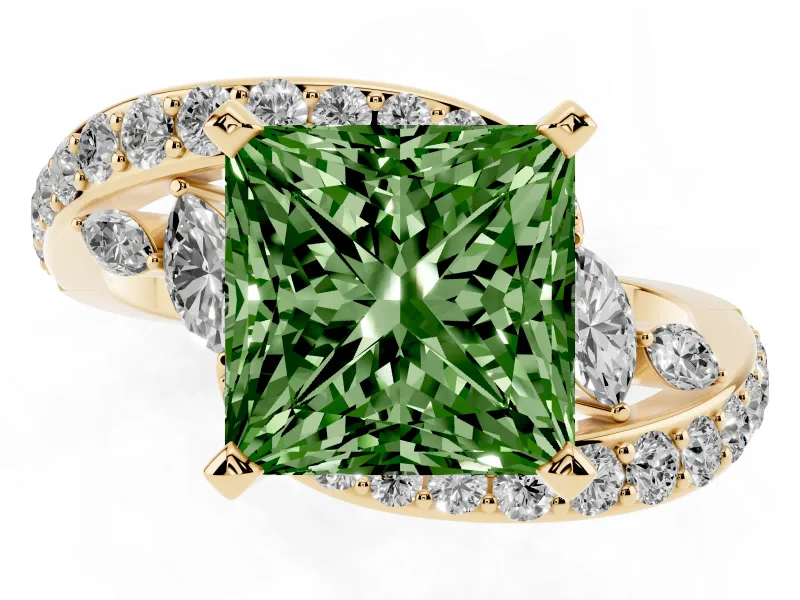 Fancy Green Princess Cut Diamond Solitaire Ring Set in Yellow gold with Pavé Twist Band and Secure Prong Setting