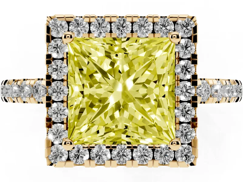 Princess Cut Halo Engagement Ring Setting for a Fancy Yellow Lab-Grown Diamond | Shared Prong Pavé Band | Yellow Gold