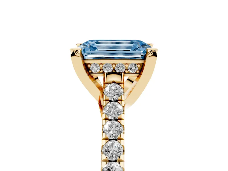 Emerald Cut Hidden Halo Pave Engagement Ring Setting for a Fancy Blue Lab-Grown Diamond | Claw Prongs | Yellow Gold