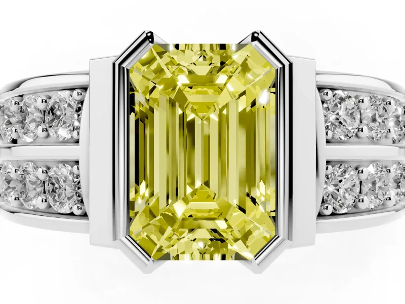 Emerald Cut Half Bezel Engagement Ring Setting for a Fancy Yellow Lab-Grown Diamond | Channel Band | White Gold