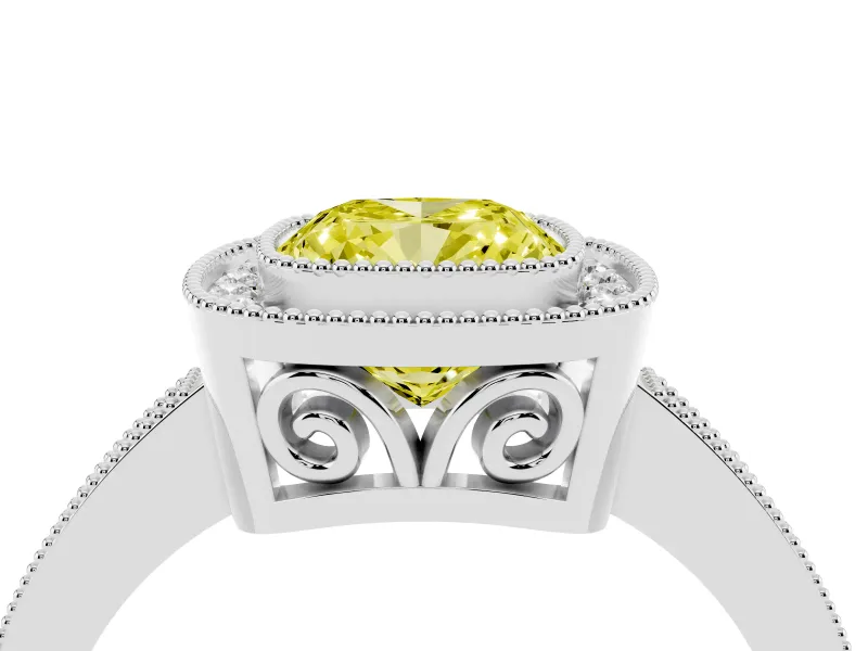 Fancy Yellow Cushion Cut Diamond Halo Ring Set in White gold with Pavé Band and Milgrain-Edged Prongs