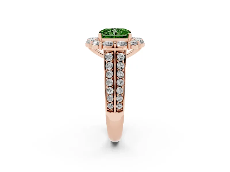 Fancy Green Radiant Cut Diamond Halo Engagement Ring Set in Rose gold with Split Shank and Prong Setting