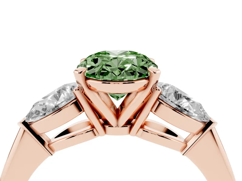 Oval Three-Stone Ring Setting for a Fancy Green Lab-Grown Diamond | Pear Side Stones | Rose Gold