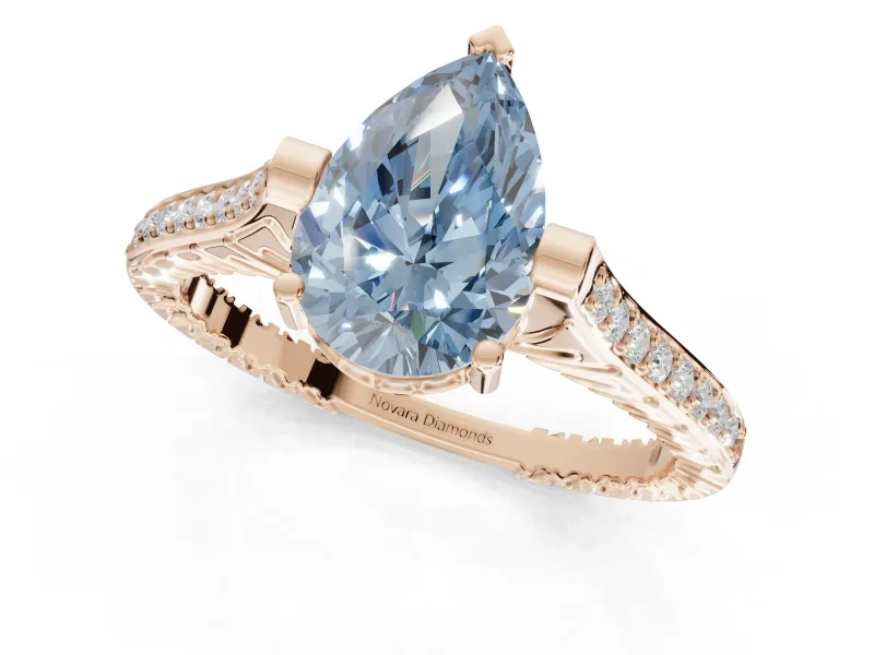 Pear-Shaped Vintage Cathedral Engagement Ring Setting for a Fancy Blue Lab-Grown Diamond | Carved Band | Rose Gold