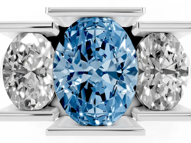 Fancy Blue Oval Cut Diamond Three-Stone Channel Set Ring Set in Platinum with Smooth Polished Band