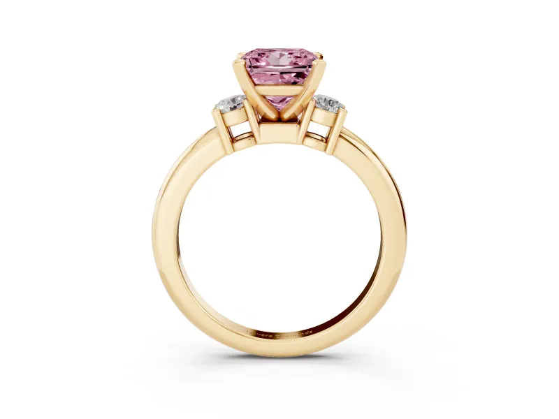 Fancy Pink Three-Stone Princess Cut Diamond Ring Set in Yellow gold with Prong Setting and Plain Band