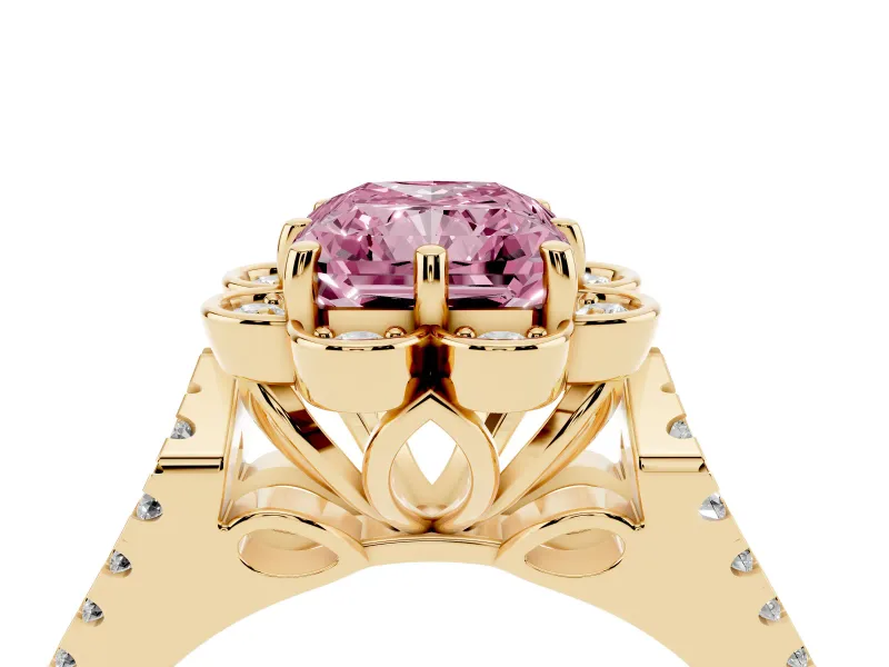 Radiant Cut Floral Halo Engagement Ring Setting for a Fancy Pink Lab-Grown Diamond | Pavé Split Shank | Yellow Gold
