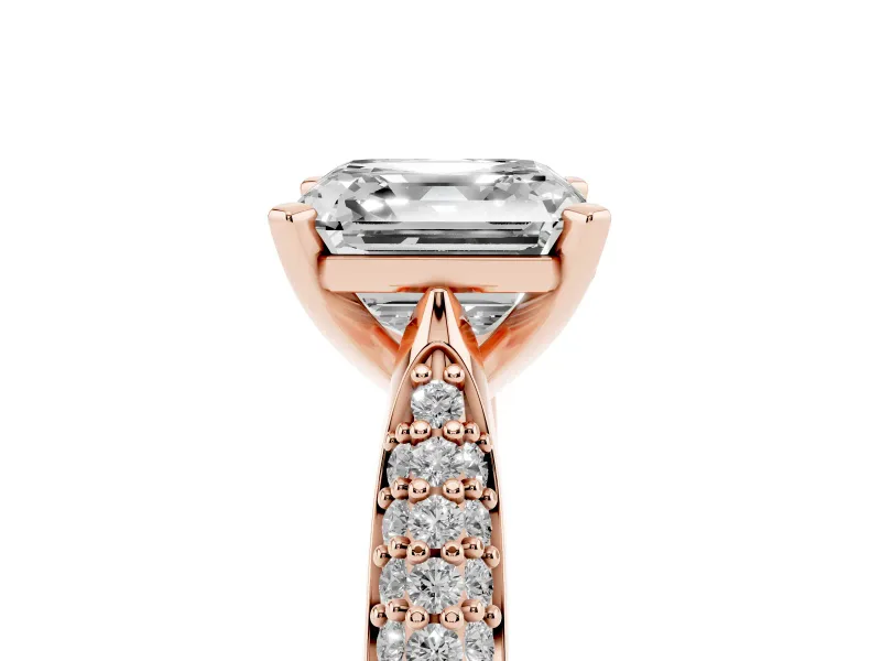Asscher Cut Diamond Solitaire Engagement Ring Set in Rose gold with Multi-Row Round Pavé Band and Prong Setting