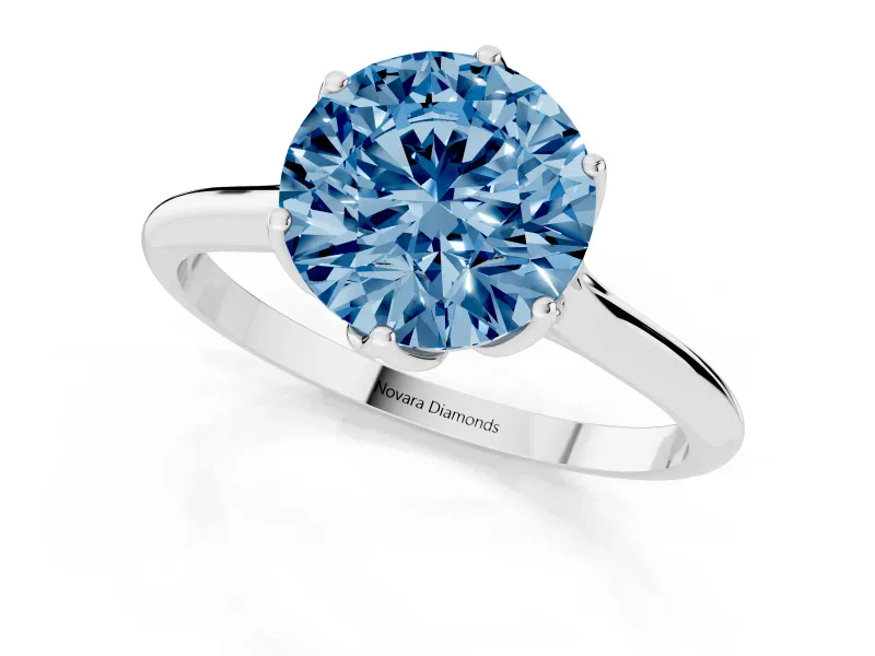 Fancy Blue Round Cut Diamond Solitaire Cathedral Ring Set in Platinum with Prong Setting