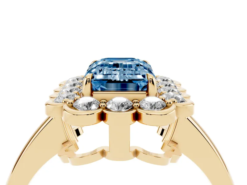 Emerald Cut Scalloped Cluster Halo Engagement Ring Setting for a Fancy Blue Lab-Grown Diamond | Plain Band | Yellow Gold