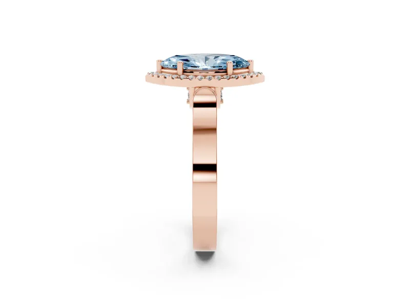 Fancy Blue Marquise Cut Diamond Halo Ring Set in Rose gold with Pavé-Lined Split Shank Band