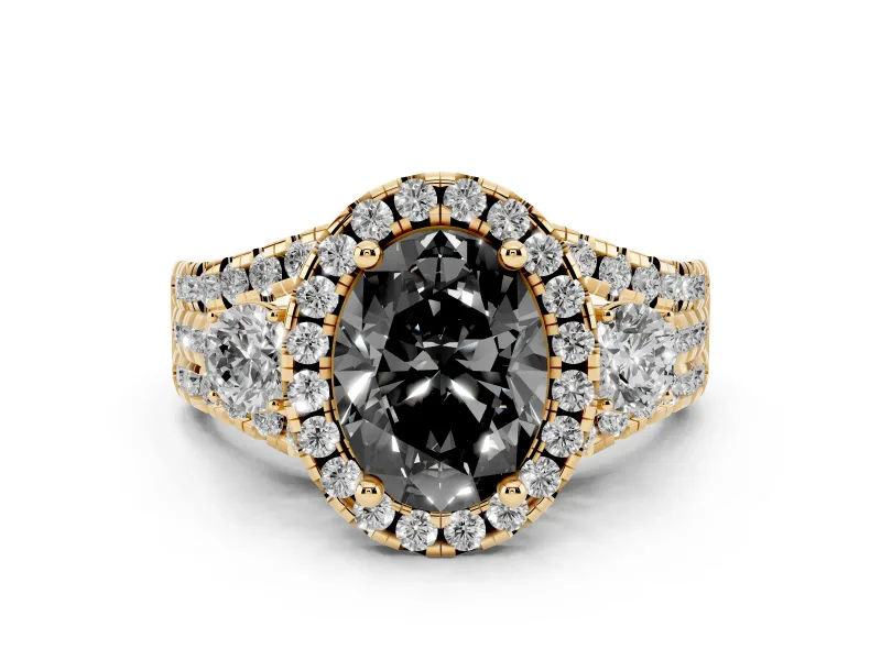Fancy Black Oval Cut Diamond Halo Split Shank Ring Set in Yellow gold with Round Accent Stones and Prong Setting