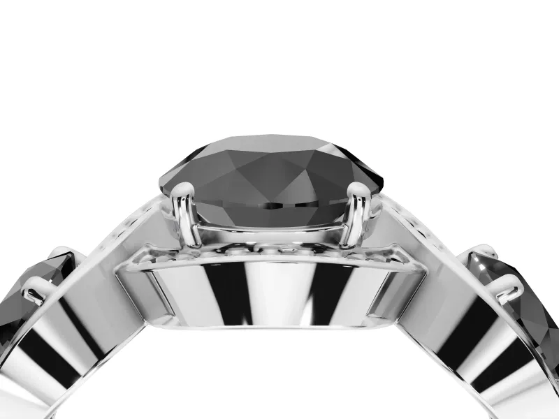 Round Three Stone Halo Engagement Ring Setting for a Black Center | Pavé Wave Band | White Gold