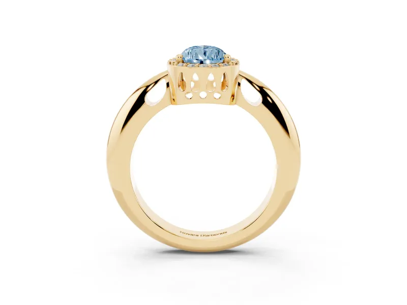 Fancy Blue Pear Cut Diamond Halo Engagement Ring Set in Yellow gold with Plain Split Shank and Prong Setting