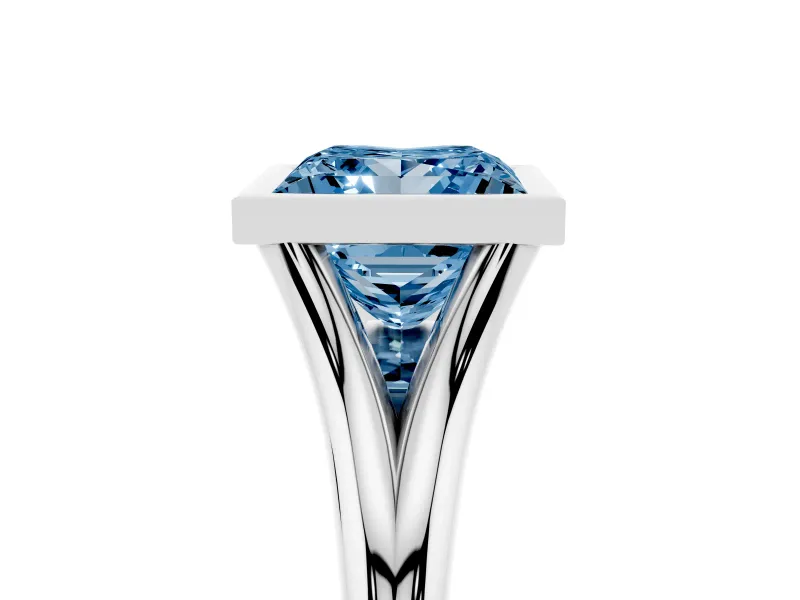 Fancy Blue Bezel Set Princess Cut Diamond Solitaire Ring Set in Silver with Tapered Band