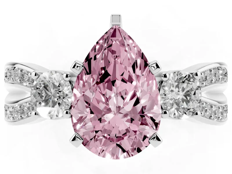 Fancy Pink Three-Stone Pear Cut Diamond Twist Band Ring Set in Platinum with Pavé Accents and Prong Setting
