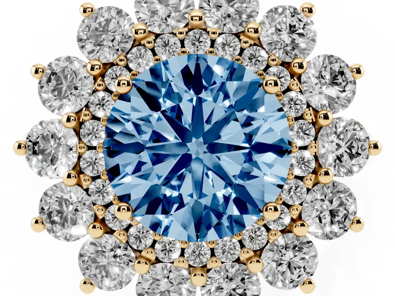 Round Floral Double Halo Engagement Ring Setting for a Fancy Blue Lab-Grown Diamond | Plain Band | Yellow Gold