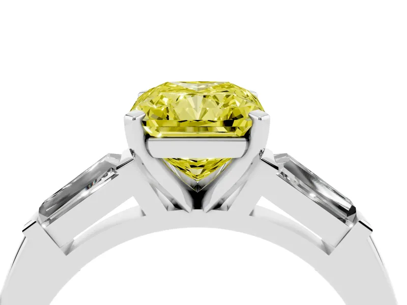 Fancy Yellow Radiant Cut Diamond Solitaire Ring Set in Silver with Tapered Baguette Side Stones and Prong Setting