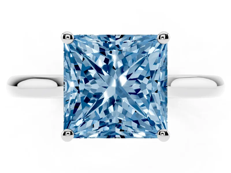 Fancy Blue Princess Cut Diamond Solitaire Ring Set in Platinum with Cathedral Band and Prong Setting