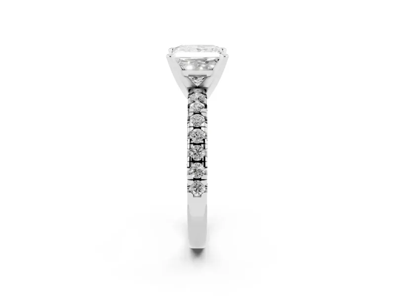 Princess Cut Diamond Solitaire Pavé Engagement Ring Set in White gold with Round Band and Prong Setting