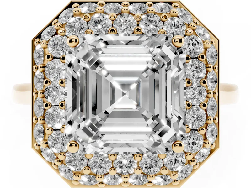 Asscher Cut Pave Halo Engagement Ring Setting | Slim Plain Band | Yellow Gold