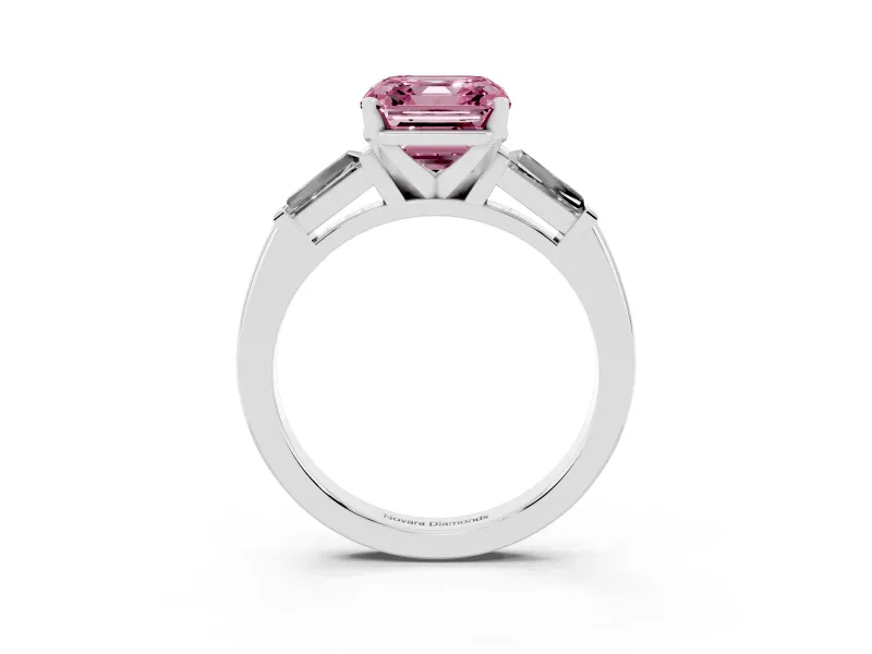 Fancy Pink Asscher Cut Diamond Solitaire Ring Set in Silver with Tapered Baguette Side Stones and Prong Setting
