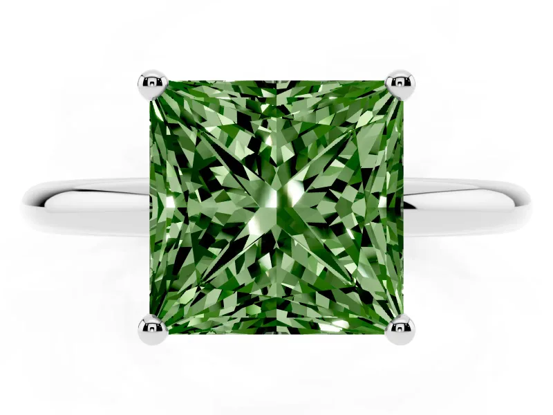 Fancy Green Princess Cut Diamond Solitaire Engagement Ring Set in Platinum with Prong Setting and Polished Band