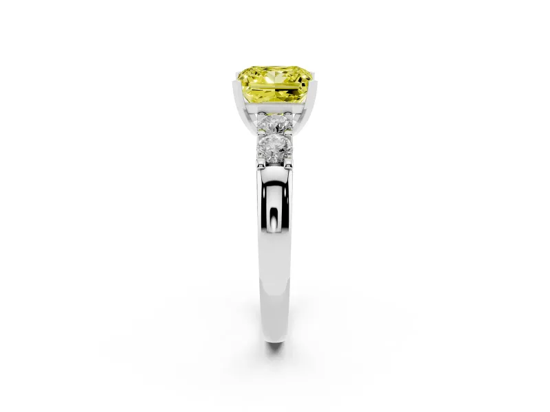 Fancy Yellow Princess Cut Diamond Five-Stone Prong Set Engagement Ring Set in Platinum with Channel Band