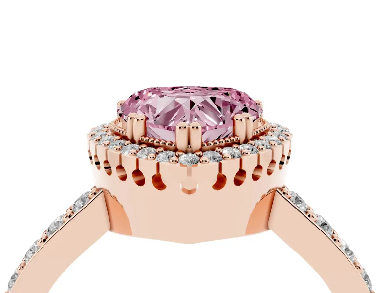 Fancy Pink Heart Cut Diamond Halo Engagement Ring Set in Rose gold with Milgrain Detail and Pavé Band
