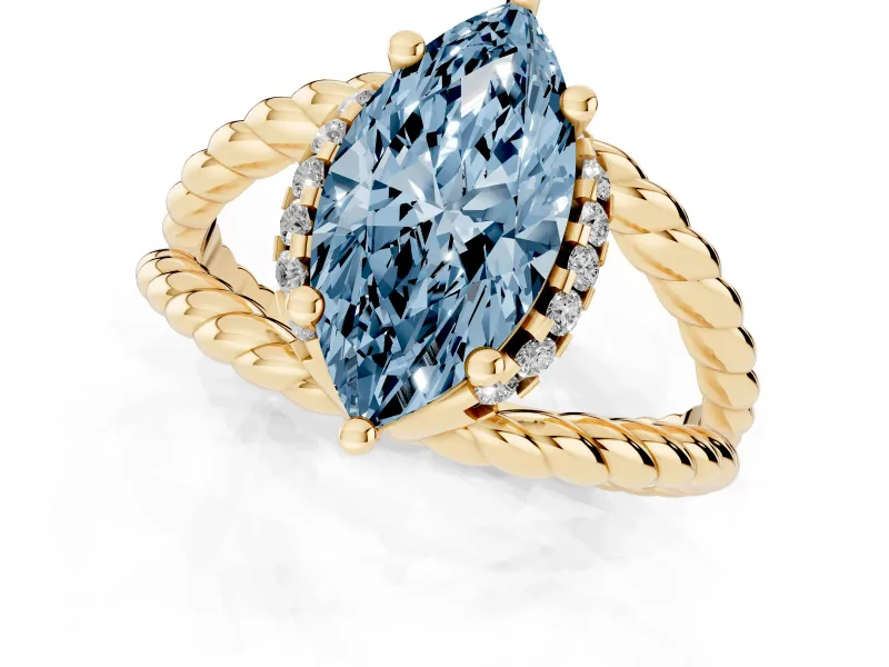 Fancy Blue Marquise Cut Diamond Halo Ring Set in Yellow gold with Twisted Band and Prong Setting