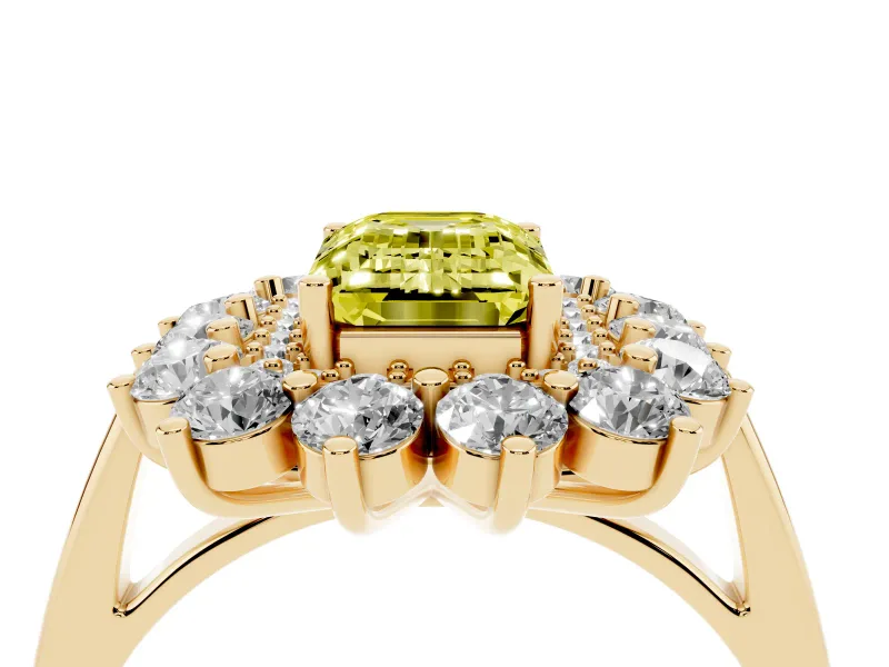 Emerald Cut Floral Double Halo Engagement Ring Setting for a Fancy Yellow Lab-Grown Diamond | Plain Band | Yellow Gold