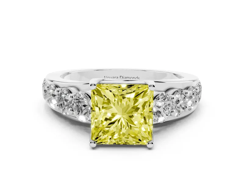 Fancy Yellow Princess Cut Diamond Pavé Engagement Ring Set in Platinum with Prong Setting