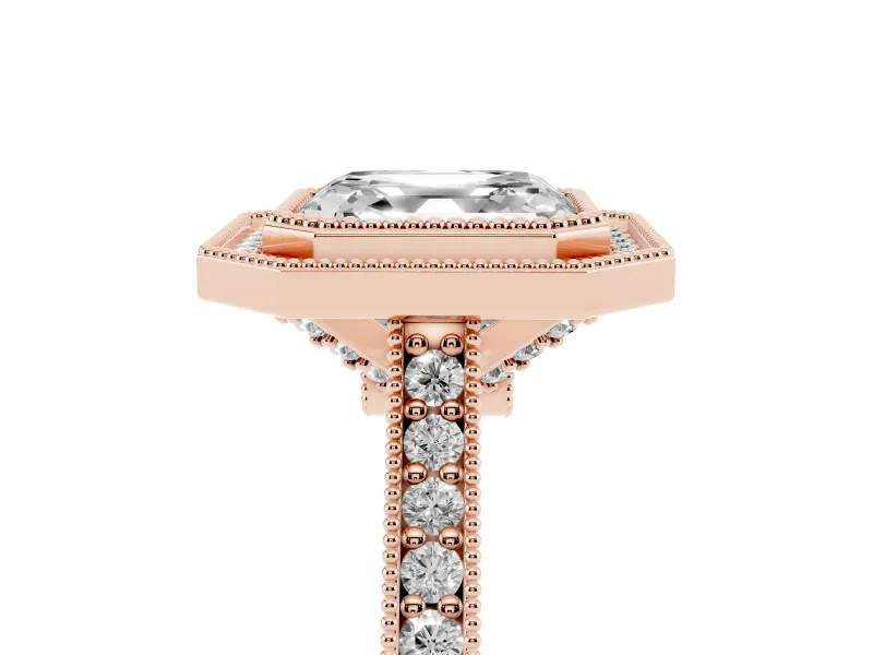 Asscher Cut Vintage Milgrain Halo Engagement Ring Setting | Bezel Head | Rose Gold