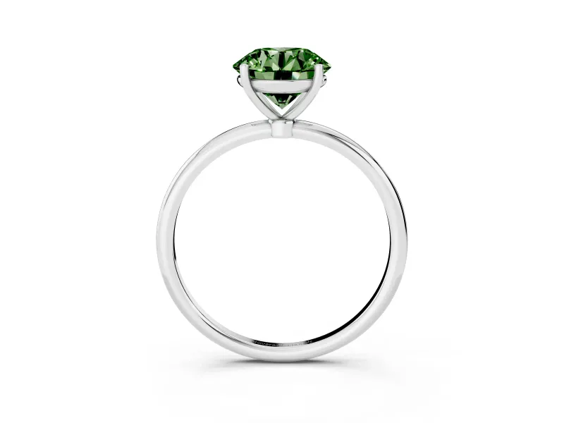 Fancy Green Round Cut Diamond Solitaire Engagement Ring Set in Platinum with Thin Band and Prong Setting