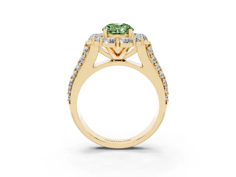 Fancy Green Oval Cut Diamond Halo Engagement Ring Set in Yellow gold with Split Shank and Prong Setting