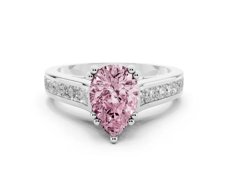 Fancy Pink Pear Cut Diamond Channel Set Solitaire Engagement Ring Set in Silver with Prong Setting